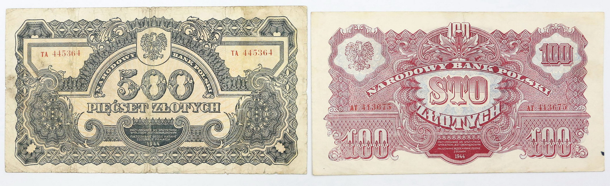 100, 500 złotych 1944, zestaw 2 banknotów